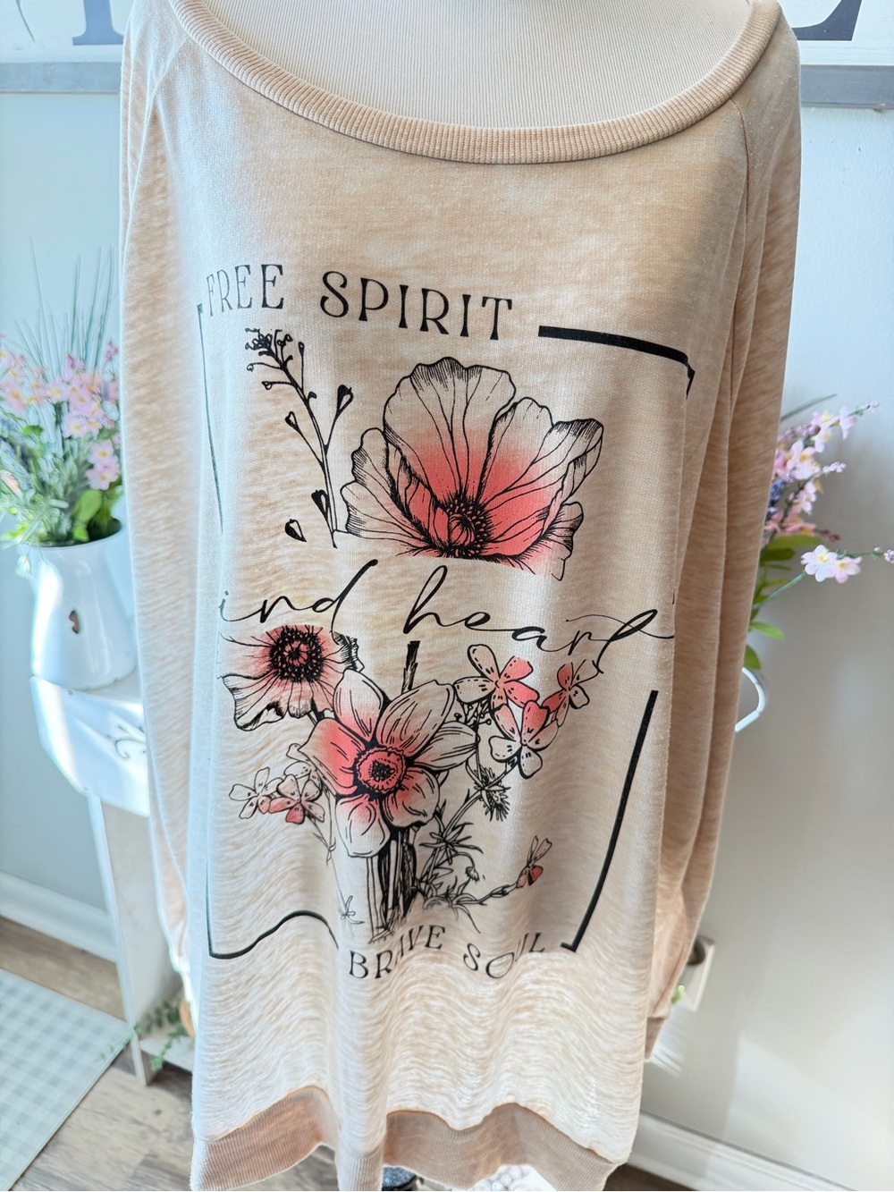 Free Spirit Floral Graphic Sweatshirt - Beige with Pink Accents